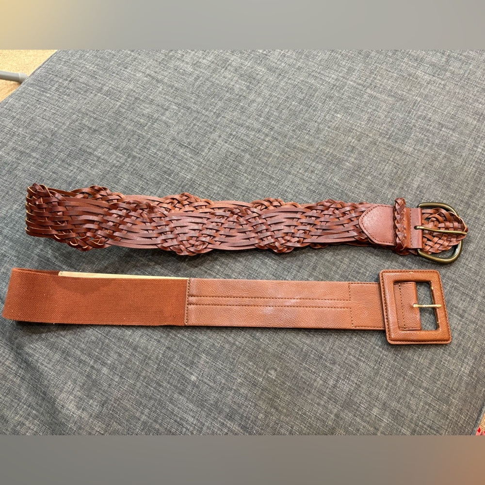 Brown leather belts.  One woven, one stretch.  Both size L. Perfect for summer!